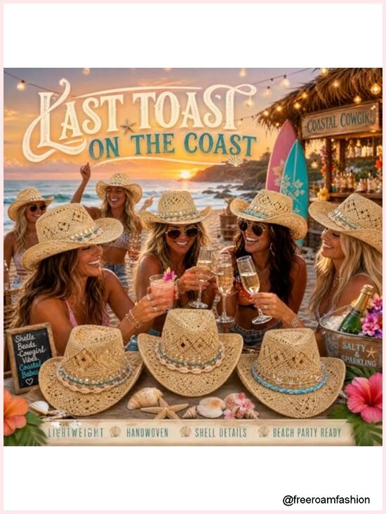 3 Pack Straw Cowgirl Hats Beaded Seashell Decor Sun Hats Beach Party Favors main image 6